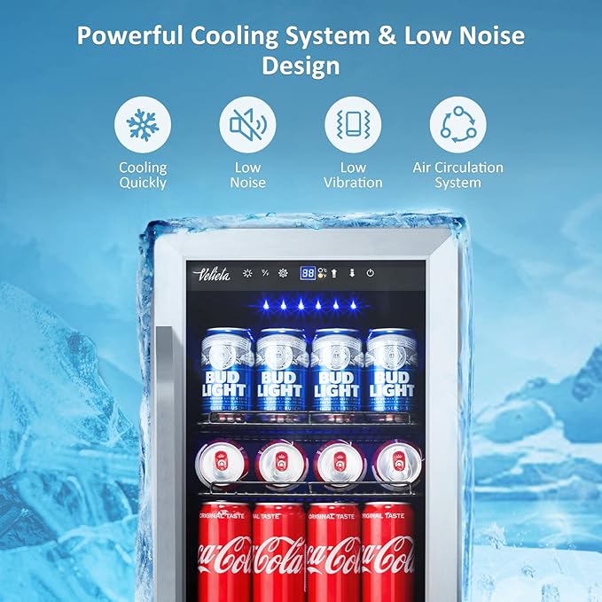 15'' Beverage Refrigerator and Beer Fridge Under Counter Built-in or Freestanding,127 Cans Beverage Cooler with Glass Door and Lock for Bottles and Cans Beer/Soda/Water/Wine