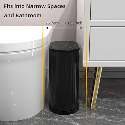 1.8 Gallons Small Stainless Steel Trash Can with Press Type Lid, Slim Bathroom Garbage Bin, Removable Liner Bucket, Dog Proof Narrow Wastebasket with Pop-Up Lid for Bedroom,Toilet (Matt Black)