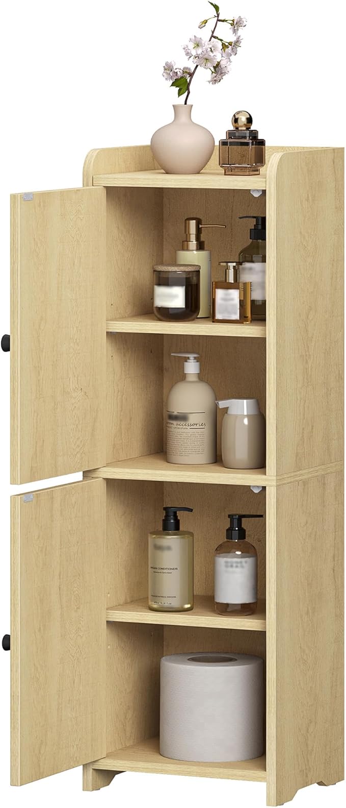 Bathroom Storage Cabinet, Small Corner Floor Cabinet with 2 Doors and Adjustable Shelf, Narrow Toilet Paper Cabinets, Bathroom Organizer for Small Spaces, 7.9" D x 9.8" W x 29.5"Rattan Yellow