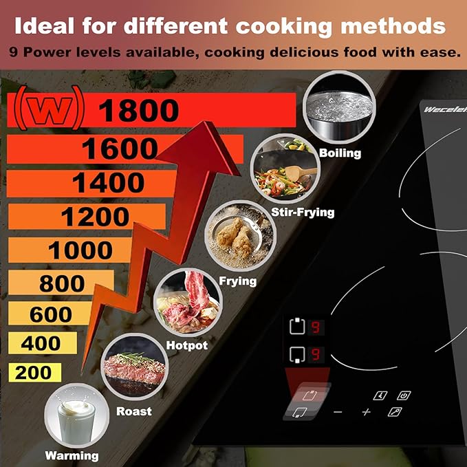 2 burner Electric Cooktop, 12 Inch Built-in Electric Stove Top 3000W, Ceramic cooktop with two Burners 220-240V(No Plug), Child Lock, Timer, 9 Heating Levels, Sensor Touch Control