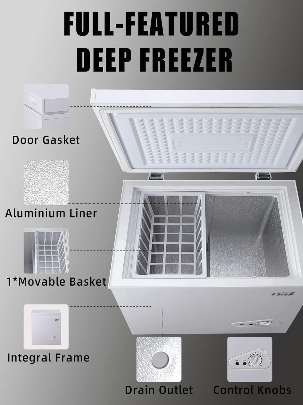 KribBling 5.0 Cu.Ft Chest Freezer with 7 Gears Temperature Control(-16F to -48F), Deep Freezer with a Removable Basket, for House, Kitchen, Garage, Basement, Shop, White, FLG-86Q