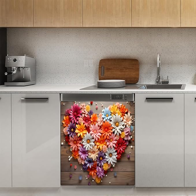 Valentine's Day Floral Board Dishwasher Magnet Cover, Reusable Refrigerator Panel Stickers Microwave Front Door Covers Magnets for Kitchen Home Appliances Holiday Party Decorations 23 X 26 in
