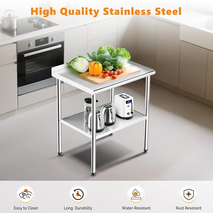 ROVSUN 30'' x 24'' Stainless Steel Table for Prep & Work,Commercial Worktables & Workstations, NSF Heavy Dut Metal Table with Adjustable UnderShelf & Backsplash for Kitchen, Restaurant,Home,Hotel