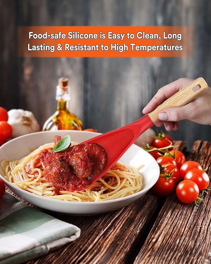 Cooking Spoon for Nonstick Cookwares, Great for Cooking and Serving Sturdy BPA-Free Matte Silicone, Wood Handle Spoon for Mixing, Scoop, and Scrape (RED, 11.4 inch)