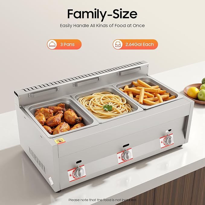 3 x 10L LPG Gas Deep Fryer, Commercial Stainless Steel Gas Food Warmer Countertop Electric Steamer Table with 3 Lids & 122-716℉ Adjustable Temperature for Home Kitchen Restaurant