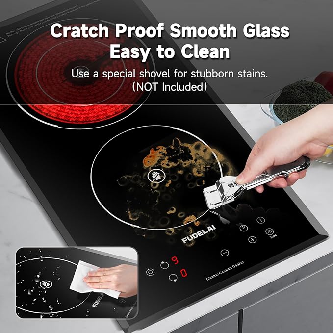 2 Burners Electric Cooktop, Portable Ceramic Cooktop with 9 Power Levels & Timer, 1800W 120V, Child Safety Lock, Built-in/Countertop Use, RV Camping, Safety Auto Shutoff, UL Certified Plug