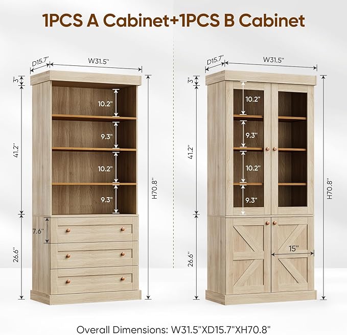 Vyre 71" Tall Farmhouse Kitchen Pantry, Large Storage Cabinets with Glass Doors, Hutch Cabinet with 3 Drawers & Adjustable Shelves for Living Room & Dining Room, Brown