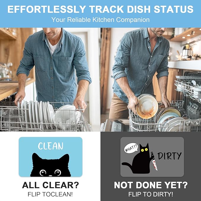 Funny Black Cat Cartoon Clean Dirty Dishwasher Magnet, Washing Machine Magnets Flip, Cute Cat Refrigerator Clean Dirty Sign, Double Sided Reversible Non Scratch Dish Washer Magnet Sign (Blue&Gray)