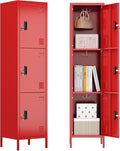 METAN Metal Storage Employees Lockers with 3 Lockable Doors and Hooks,66''H*16''W*16''D Locking Storage Cabinets for Small Spaces,Home,School,Gym,Assembly Required,Red