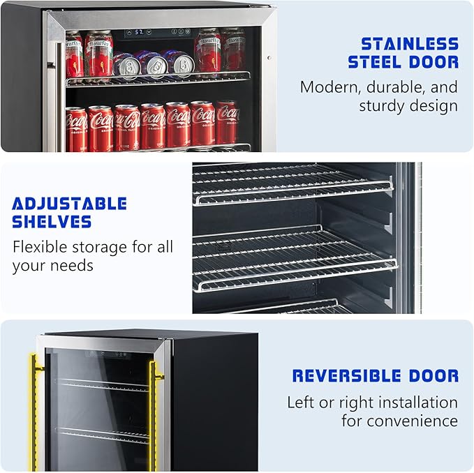 Jocisland 24 Inch Beverage Refrigerator, Built-In or Freestanding Fridge with Glass Door, LED Touch Control, Adjustable Shelves, Holds 207 Cans, Under Counter Beer & Wine Cooler, 34–64℉