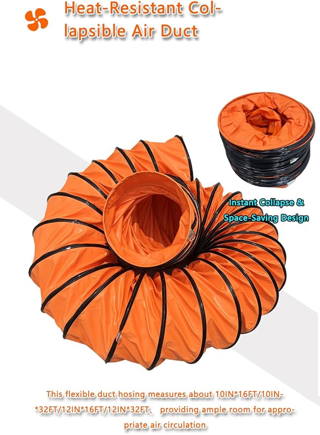 16FT PVC Flexible Duct Hose 10 Inch Duct Hosing with Adjustable Rope for Utility Blower Exhaust Fan Ducting Hose Folding exhaust duct Easy Storage【10 In*16Ft】