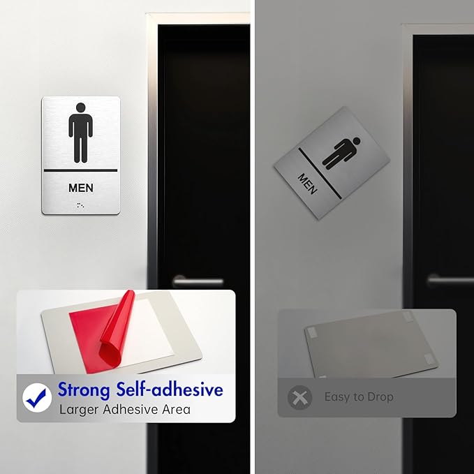 Bathroom Signs, Men's & Women's Restroom Signs for Business, Brushed Aluminum ADA Raised Braille Restroom & Bathroom Door Sign with Strong Self-Adhesive, Silver Size 9'' X 6 '' （2 Pieces Set）