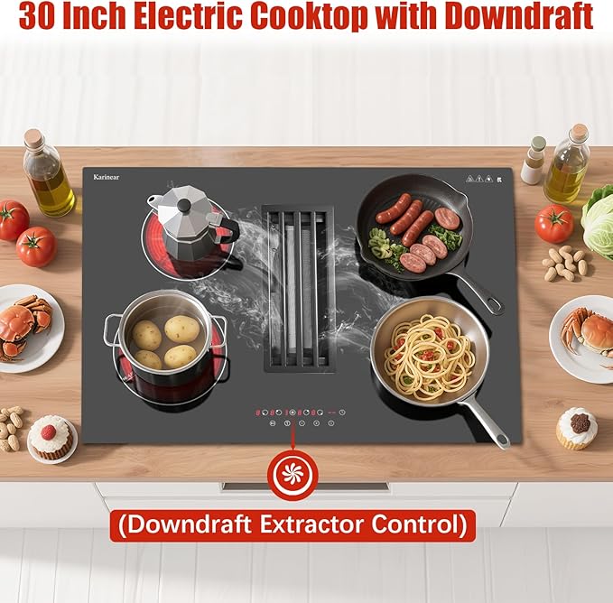 Karinear 30 Inch Electric Cooktop with Downdraft Range Hood, 4 Burners Glass Radiant Stovetop 240V Hardwired, 9 Power Levels, Timer, Pause, Child Lock, 3-Speed Exhaust Fan(No Exhaust Pipe Required)