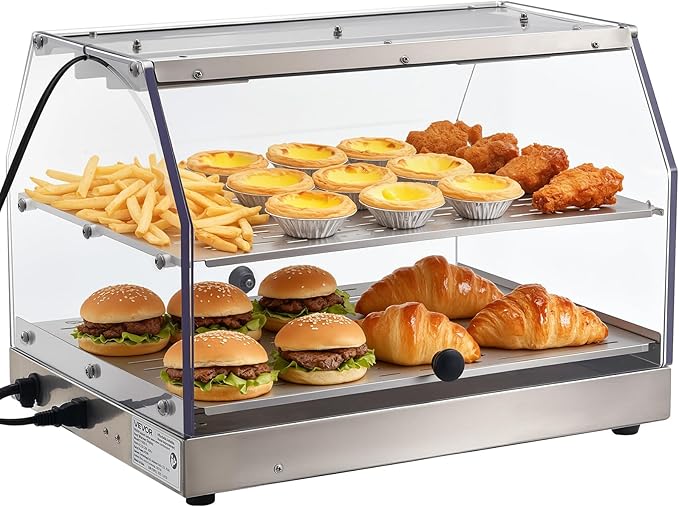 VEVOR 2-Tier Commercial Food Warmer Display, 450W Food Display Warmer with Light, Detachable Shelves and Double-Sided Door Design, 85℉~185℉ Air Heating, 48L for Hamburger, Pizza, Bread, Fried Chicken