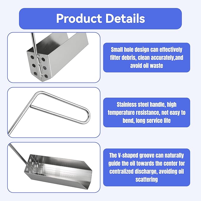 Deep Fryer Strainer Crumb Scoop 750°F Heat-Resistant V-Shaped Fryer Cleaner Food Crumb Cleaning Tool for Commercial Fryers Long Handle with Drain Holes for Oil Filtration 2 PCS