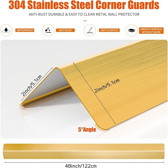 304 Stainless Steel Wall Corner Guards (10, Golden, 2x2x48 Inches)