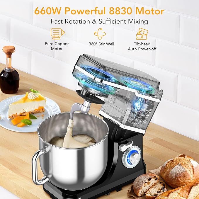 7.5 QT Stand Mixer, 10-Speed Tilt-Head Electric Dough Mixer with Stainless Steel Bowl, Includes Dough Hook, Wire Whisk, and Beater, with Splash Guard for Home Cooks, Black