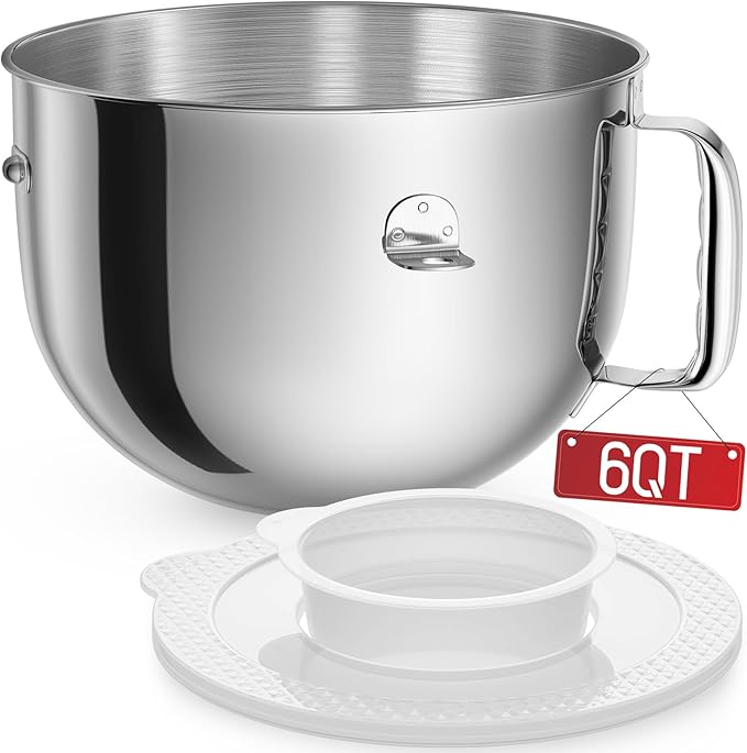KN2B6PEH 6QT Bowl-Lift Stand Mixer Bowl, Compatible with Kitchenaid Professional 600 Mixer, Polished Stainless Steel with Extra Cover - Fits KV25G KP26M1X (6QT)