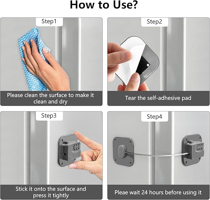 Refrigerator Lock, Heavy Duty Fridge Lock, Combination Lock for Refrigerator Cabinets, Drawers, Safety, Easy Install No Keys Needed (Grey-2Pack)