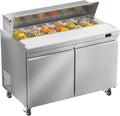 48" W Commercial Sandwich Prep Table Refrigerator, 13.8 Cu.ft Commercial Salad Bar with 12 Pans, Stainless Steel Refrigerated Sandwich Prep Table 2 Solid Door for Restaurant, Bar, Shop, etc.