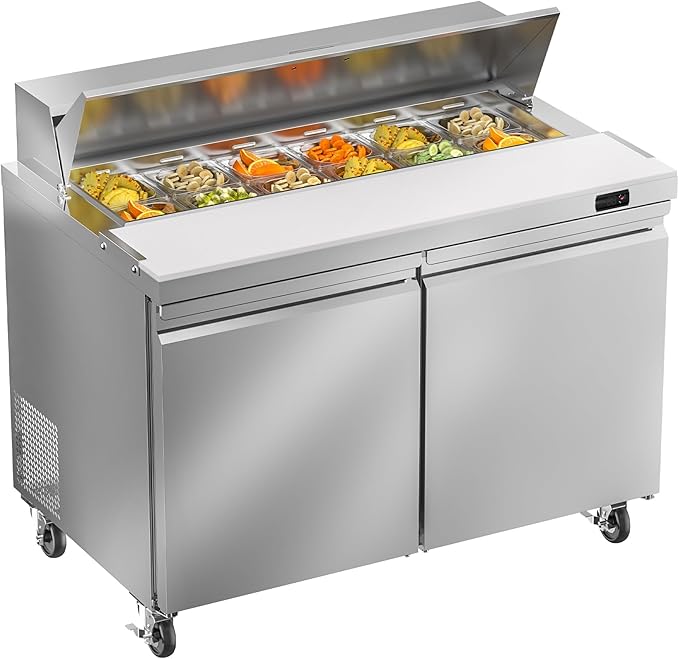 48" W Commercial Sandwich Prep Table Refrigerator, 13.8 Cu.ft Commercial Salad Bar with 12 Pans, Stainless Steel Refrigerated Sandwich Prep Table 2 Solid Door for Restaurant, Bar, Shop, etc.
