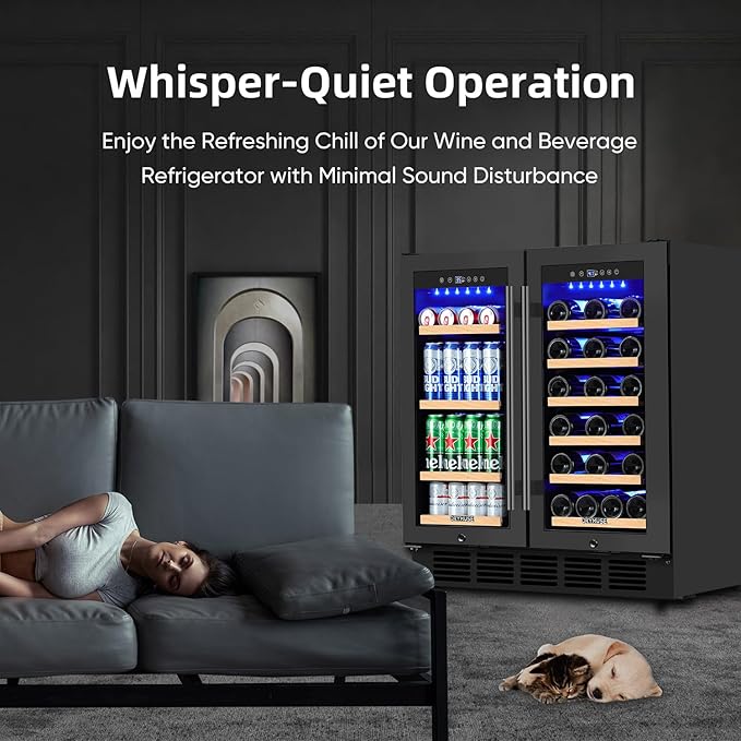 30 Inch Dual Zone Wine & Beverage Refrigerator, Built-In or Freestanding Wine Fridge with Seamless Black Stainless Steel Door, Glass Door, Digital Touch Control, Holds 30 Bottles & 110 Cans