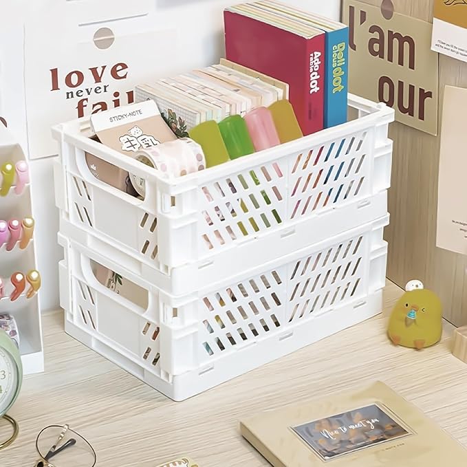 Pastel Plastic Storage Baskets 2 Pack, Collapsible Crates for Organizing, Space-Saving Bins for Kitchen, Office, Bedroom (Orange, Medium:9.8" x 6.5" x 3.8")