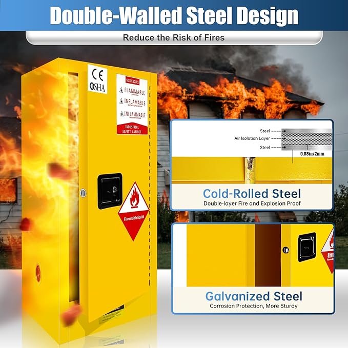 25 Gallon Flammable Storage Cabinet, 35.5×18×18in Galvanized Steel Safety Storage Cabinet, Adjustable Shelf Fireproof Cabinets, Flammable Liquid Storages Cabinets for Industrial and Home Use, Yellow