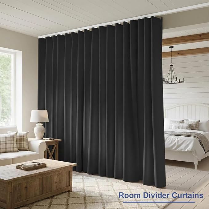 Room Divider Blackout Curtain Track Curtains Wall Dividers Panels Screen for Living Rooms Bedroom Office Privacy Partition Separation, W120 × L108 Inch,1 Panel, Black