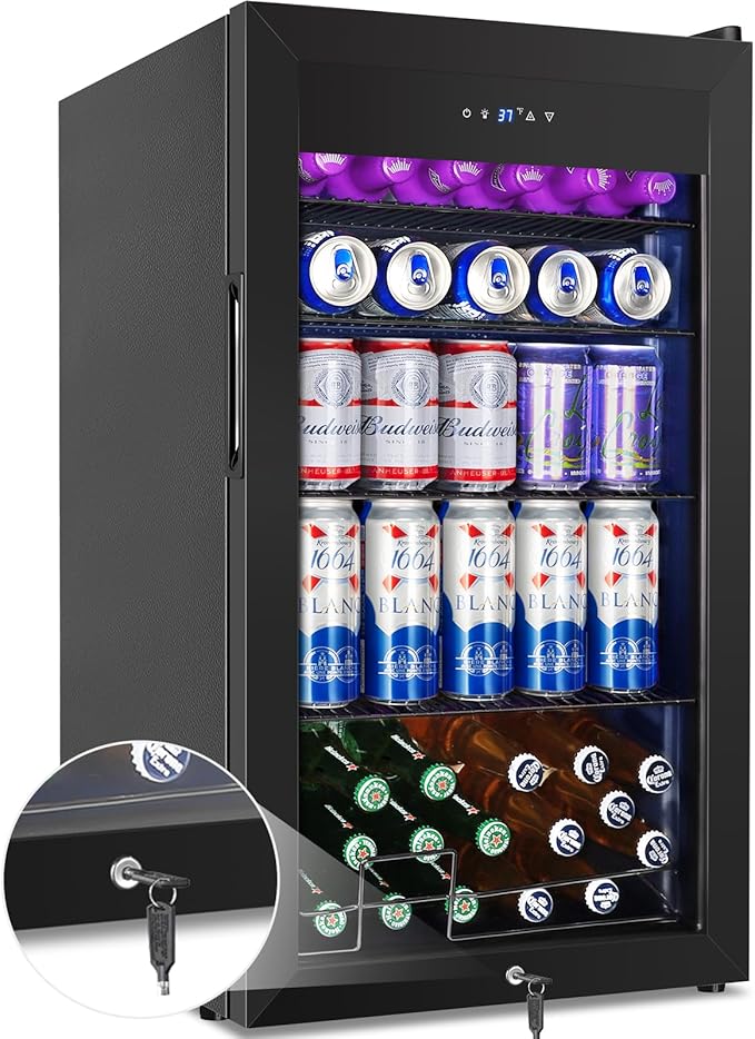 Beverage Refrigerator Cooler, 128 Cans 3.2 Cu.Ft Mini Fridge Glass Door for Drink Beer Soda Wine, Small Fridge with 4 Adjustable Removable Shelves for Kitchen, Bedroom, Office, Bar, Gaming Room, Black