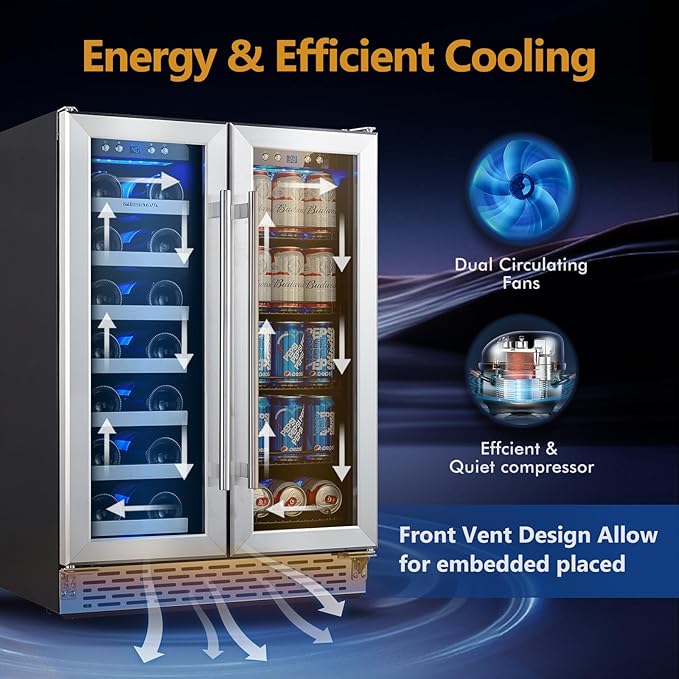 Phiestina Beverage Fridge, 24 Inch Wine and Beverage Refrigerator, Under Counter Wine Cooler- 20 Bottles & 76 Cans, Built-in/Freestanding Dual Zone with Glass Door