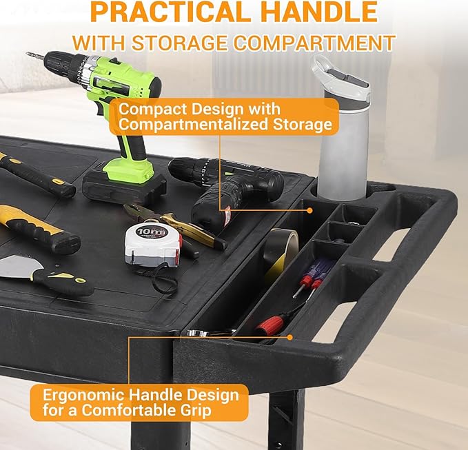 Large Heavy Duty Plastic Utility Service Cart Flat top 45.8 x 25 Inch, Work Cart Flat Shelves Holds up to 550 lbs - 2 Tier Service Cart with 360°Swivel Wheels (2 with Brakes) Black