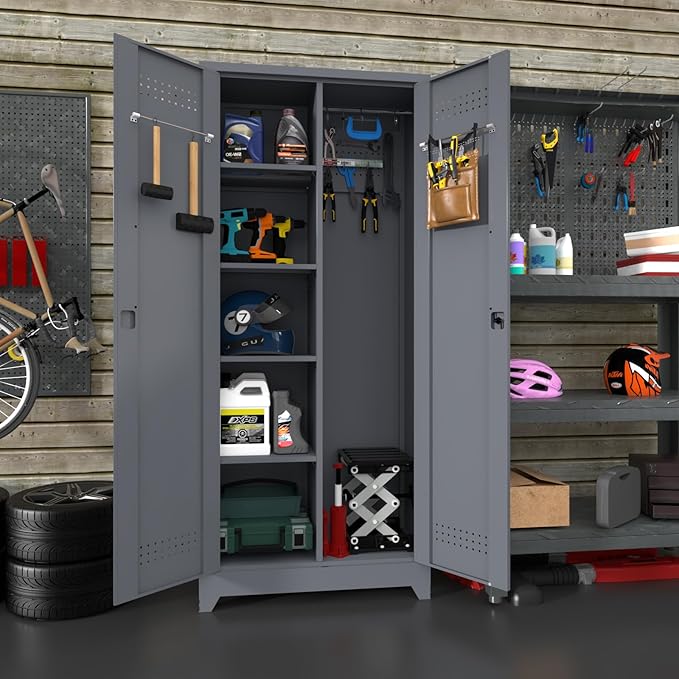 72.8" H Storage Cabinets,Broom Closet Storage Cabinet with Adjustable Shelves,Metal Lockable Storage Cabinet with Locking Doors,Tall Utility Cabinets for Garage,Laundry,Office,Grey
