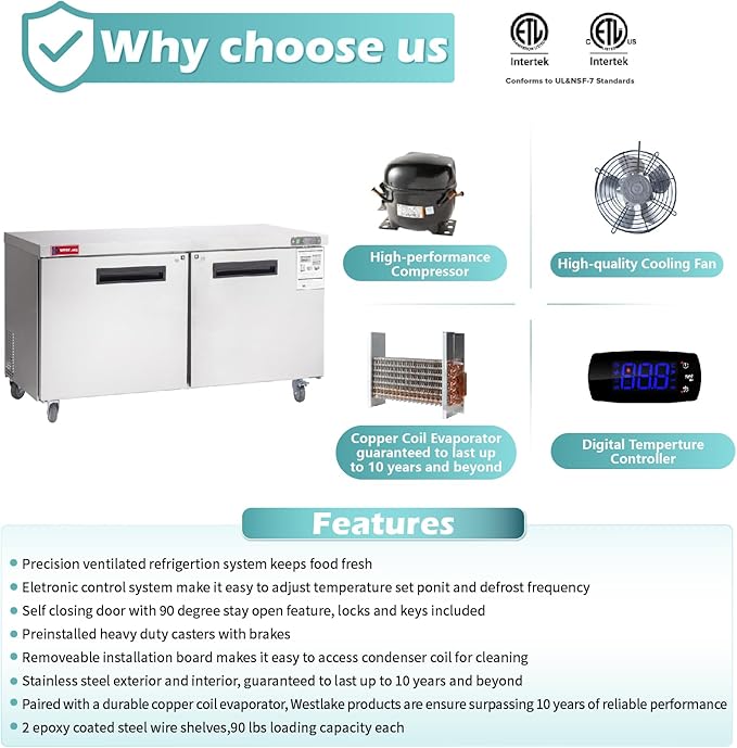 WESTLAKE 60" W Commercial Refrigerator Worktop Undercounter Refrigerator 14.8 Cu.ft Double Door Stainless Steel Counter Fan Cooling Refrigerator Food Prep Station for Restaurant, Bar