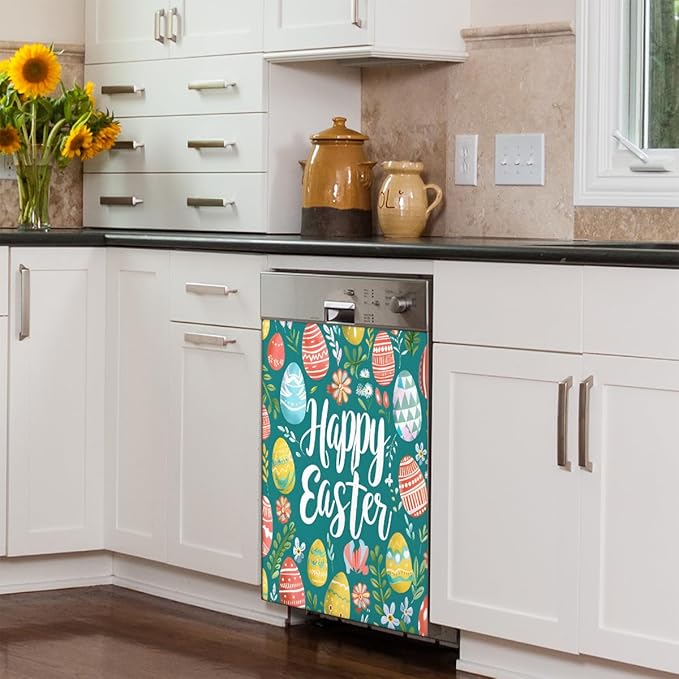 Pretty Easter Eggs Flowers Dishwasher Magnet Cover, Reusable Refrigerator Panel Stickers Microwave Front Door Covers Magnets for Kitchen Home Appliances Holiday Party Decorations 23 X 26 in