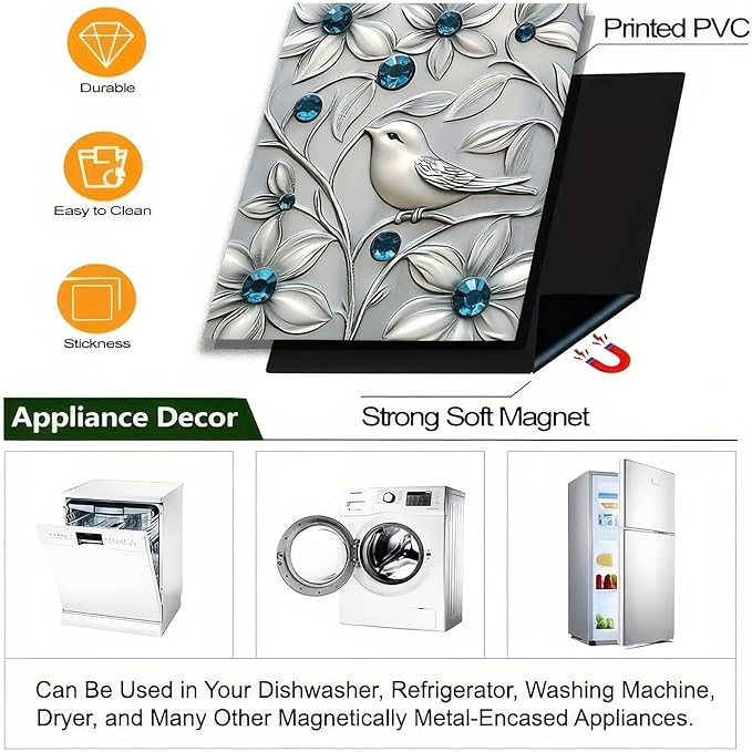 Bird Dishwasher Magnet Cover Silver Imitation Stainless Steel Bird and Flower Pattern Kitchen Dishwasher Magnetic Sticker Fridge Door Cover Magnets Art Skin Panel Decal 23x26 Inch