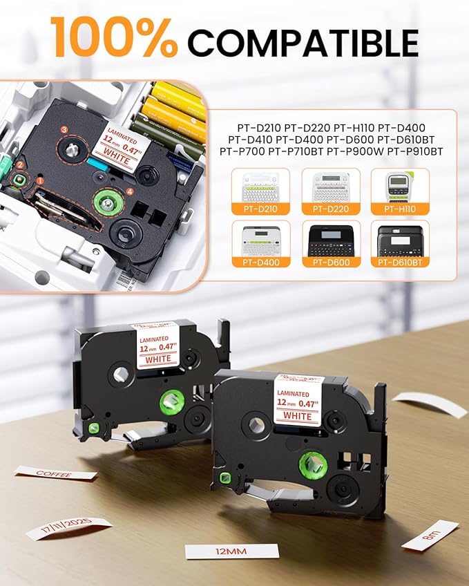 Replacement for Brother TZe-232 TZe232 Red on White TZe TZ Tape 12mm 0.47 Laminated P Touch Label Maker Tape, Compatible with Brother PT-D210 PT-D220 PT-H110 PT-D400 PT-D410 PT-D600 PT-1280, 2-Pack