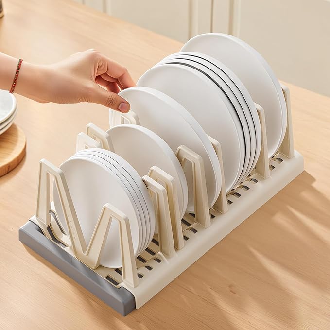 Li&Zhao Pots and Pans Organizer under Cabinet - Extended Dining Tray Storage Rack Cutting Board Rack Lid Holders inside Cabinet with 7 Adjustable Compartment for Kitchen Storage(Beige)