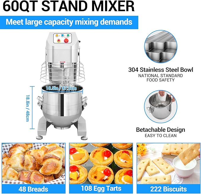 60Qt Commercial Dough Mixer by LEEVOT - 3000W Heavy Duty Electric Stand Mixer, 3 Speeds Planetary Floor Mixer with Stainless Steel Bowl, for Kitchen, Bakery, Pizzeria (230V 1-Phase)