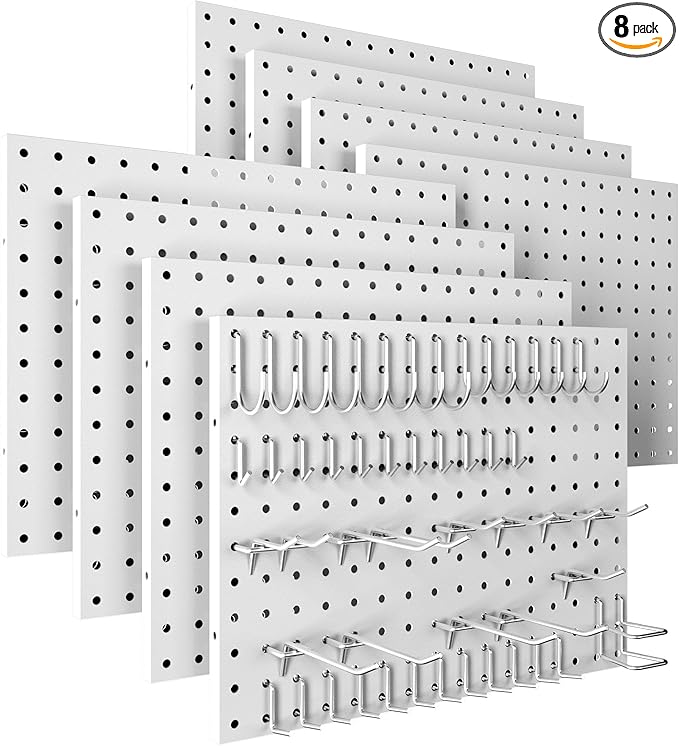 Peg Board, 8 Pack Metal Pegboard Panels with 50 Hooks, White Pegboards Wall Organizer, Peg Board for Walls Home, Garage Tool Storage, Office Organization, Craft Room,Christmas Gifts