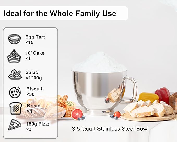 Kitchen in the box Stand Mixer - 8.5 Quart Mixing Bowl with Handle, 900 Watt Heavy Bread Dough Standing Mixers Tilt-head with Dough Hook, Whisk, Flat Beater and Splash Guard (Cream White)