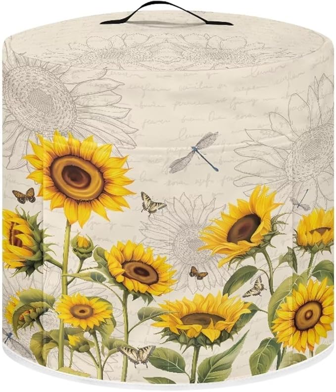 Air Fryer Pressure Cooker Dust Cover, for 8 Qt Kitchen Appliance Cover, with Top Handle and Accessories Pockets for Home Decoration, Sunflower Dragonfly Retro