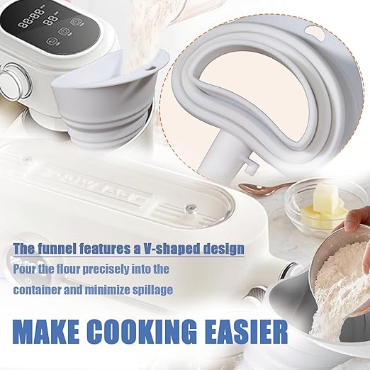 Flour Funnel for Kitchen Mixer，Silicone Funnel with Easy-Pour Attachment Fits 4.5 & 5Quart Tilt-Head Mixers, Easy Clean Durable Mess-Free Baking Accessory ((White,KSM150)