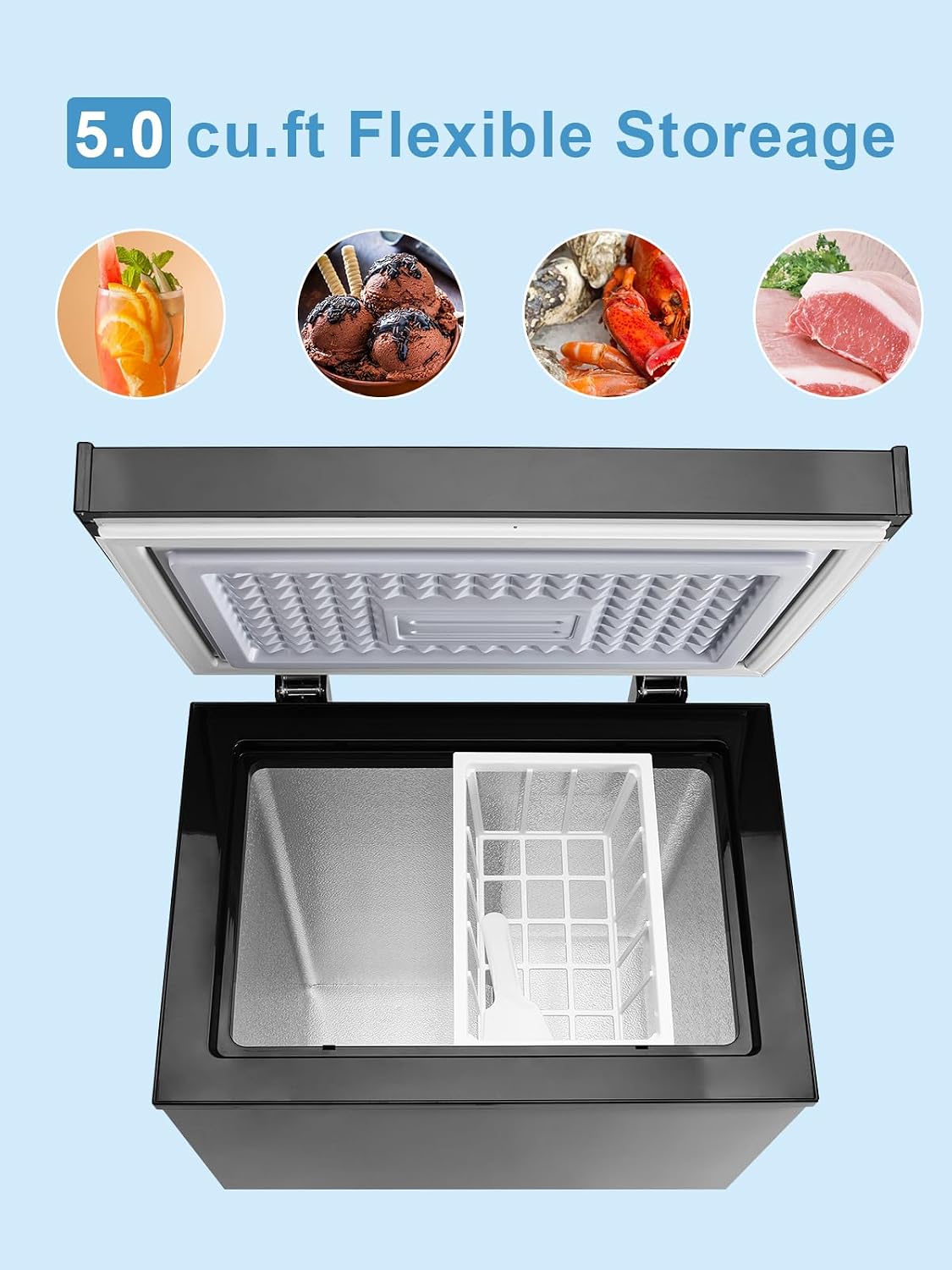 5.0 Cu.Ft Chest Freezer with 7 Gears Temperature Control (-16F to -48F), Deep Freezer with a Removable Basket, for House, Kitchen, Garage, Basement, Shop, Black