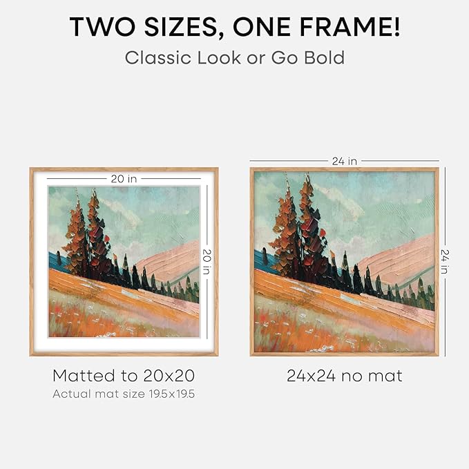 Homeforia 24x24 Wood Picture Frame, High End Natural Oak 24 x 24 Square Light Wooden Poster Frame with Mat 20 by 20 Photo, 24by24 Large Frames Matted to 20x20 Print, Tempered Glass, Wall Kit, Set of 2