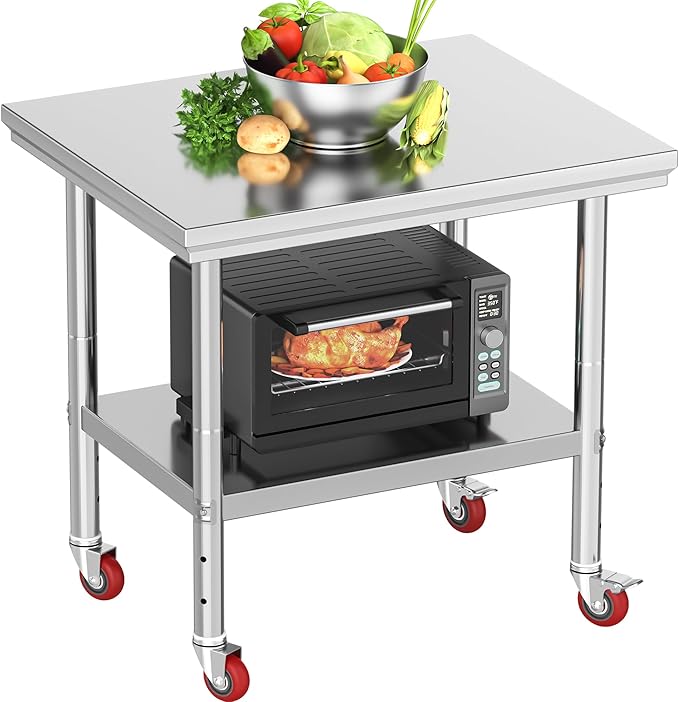 YITAHOME NSF Stainless Steel Table, 30" X 24" Work Table with Wheels, 2 Shelves Metal Prep Worktable for Home Kitchen Restaurant Garage Warehouse Outdoor