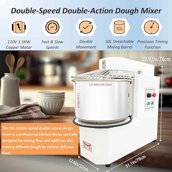 30L Commercial Dough Mixer 110V, Double-Speed Dual-Motion System (Bowl & Spiral Hook) Stainless Steel Dough Kneading Machine, Detachable Bucket, for Mixing Flour