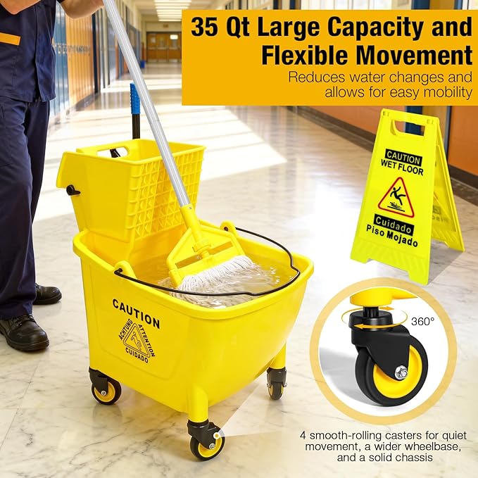 35 Qt Commercial Mop Bucket with Side Press Wringer on Wheels,Heavy Duty Industrial Mop and Bucket Set for Floor Cleaning,Including 1 Wet Floor Caution Sign for Household,Business,Yellow