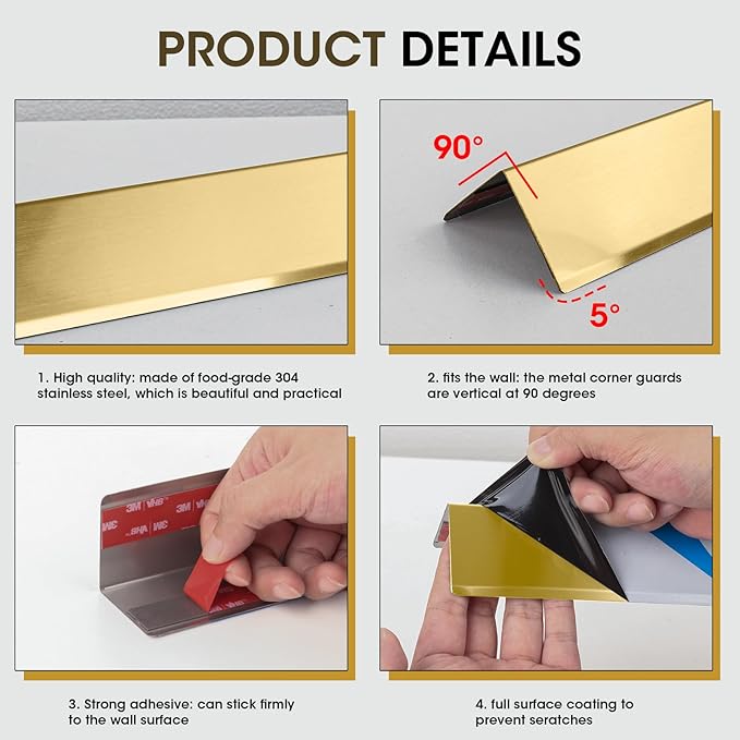 Stainless Steel Wall Corner Guards, 2 x 2 x 48 inches (Golden 10 Pcs Pack). Made of 304 Steel, These 90-Degree Angle Metal Corner Protectors are Designed for Wall Protection and Decoration