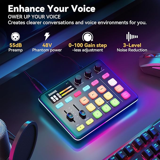 SINWE G1 Gaming Audio Mixer, RGB Audio Interface with Pro-preamp,Bluetooth, Streaming PC Mixer with XLR/48V Phantom Power for Live Streaming, Podcasting, Content Create, Gaming(White)